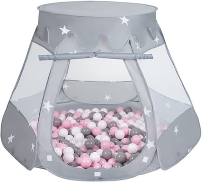 Selonis Pop Up Kasteeltent Grijs Voor Kinderen - 600 Ballen Speeltent - Binnen En Buiten Speelhuisje - 105x90 cm - Wit Grijs Poederroze