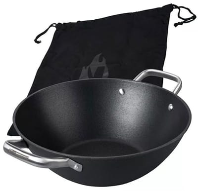 Gietijzeren Wokpan 32 cm met Antiaanbaklaag - Geschikt voor Inductie en Alle Warmtebronnen
