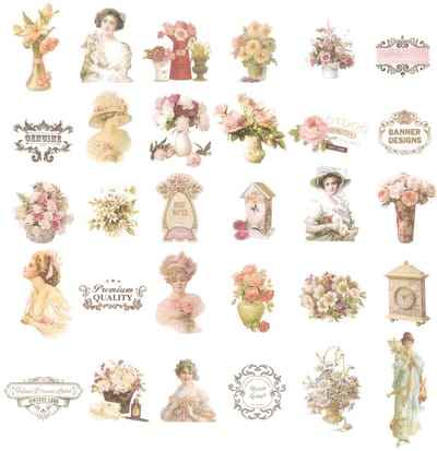 Scoby - Washi Stickers - Vintage Vrouwen en Bloemstukken - Scrapbooking Stickers - Washi Stickers - Bullet Journal - 60 Stuks