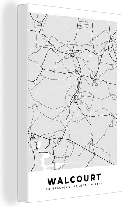 Canvas Schilderij Stadskaart – Plattegrond – België – Zwart Wit – Walcourt – Kaart - 20x30 cm - Wanddecoratie