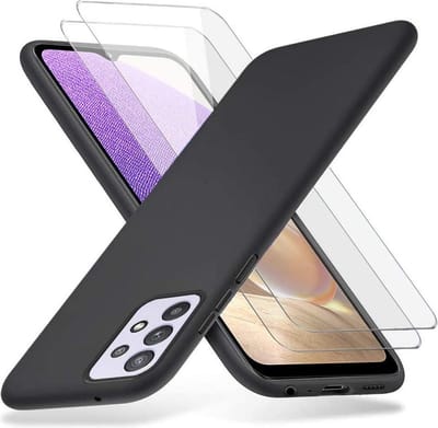 Soft Back Cover Hoesje Geschikt voor: Samsung Galaxy A32 5G - Soft TPU Siliconen Case & 2X Tempered Glas Combi - Zwart