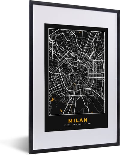 Fotolijst incl. Poster - Kaart - Milaan - Plattegrond - Goud - Stadskaart - 40x60 cm - Posterlijst