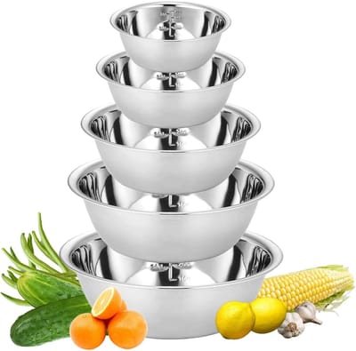 Set van RVS Mengkommen - Stapelbare Metalen Schalen voor Keuken, Bakken en Salades, 14/16/20/22/24 cm, 5 Stuks