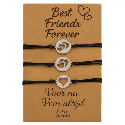 Vriendschapsarmbandjes voor 3 "Best Friends Forever" - Verschillende Hartjes - BFF Armbandjes met Persoonlijk Cadeau Kaartje - Zilverkleurig - Elastisch Verstelbaar - Pax Amare