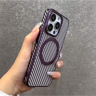 Luxe Plating Koolstofvezel Textuur Voor Magsafe Magnetische Draadloze Oplaadhoes Voor iPhone 16 15 14 Plus 13 12 Pro Max Transparante Hoes For iPhone 16 Pro
