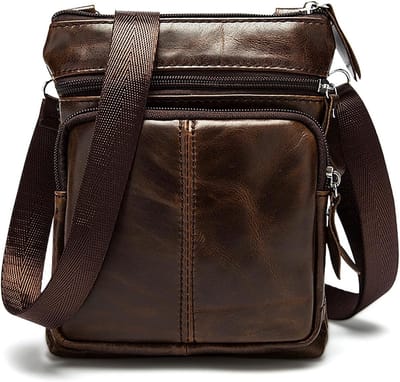 Leren Schoudertas voor Mannen met 4 Ritsvakken, Draagbare Crossbody Bag voor Werk en Vrije Tijd, Verstelbare Schouderriem