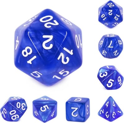 Polyset Dice | Dobbelstenen - Set Van 7 Stuks - Blauw Marmer Parelmoer Wit | Voor D&D en Andere Rollenspellen | Plastic Dobbelstenen Set voor Dungeons and Dragons | Polyhedral Dice Set | Met Mooie Zwarte Velvet Dice Bag voor Ongeveer 3 Sets