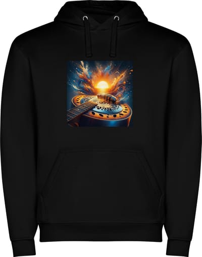 Zwarte unisex hoodie met “ Kleurrijke Electrische Gitaar – Muziekinstrument – Muziek – Zon “ Print Full Color Color merk Roly maat S