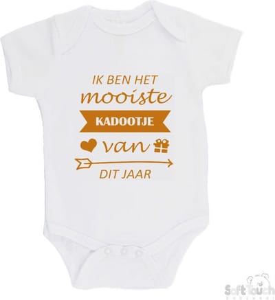 100% katoenen Romper "Ik ben het mooiste kadootje van dit jaar" Unisex Katoen Wit/tan Maat 62/68