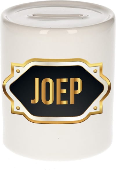 Spaarpot met voornaam Joep - wit - met goud/zwart embleem - 8 x 9 cm - keramiek - met afsluitdop - cadeau verjaardag