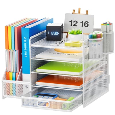 Bureau Organizer met Ordnerhouder, 5 Lagen Brievenbakje,Bureau-Opbergvak met Lade en 2 Pennenhouders,Mesh Bureau-Accessoires,Tijdschriftenhouder Voor Huis Kantoor (Wit)