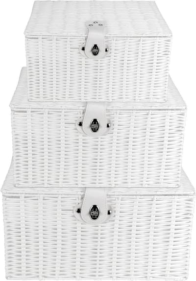 Set van 3 witte rieten opbergmanden met lederen slot - Organiser voor cadeau en kleding - Stapelbare opbergmanden met deksel voor badkamer en toiletartikelen - Klein, medium, groot