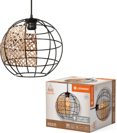 LEDVANCE Decor Cage Globe hanglamp in industriële stijl, zwart/bruin, kooibehuizing van metaal en rotan, E27-fitting, 300 mm diameter, eenvoudige montage, lichtbron niet inbegrepen.