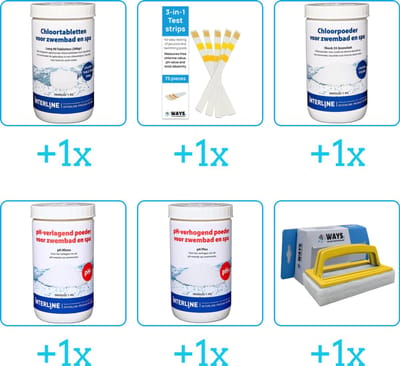 Zwembad Onderhoudspakket - Onderhoud Zwembad - bevat Chloor - Testrips - Chloor - PH-min - PH-plus en Scrubborstel (6-delig)