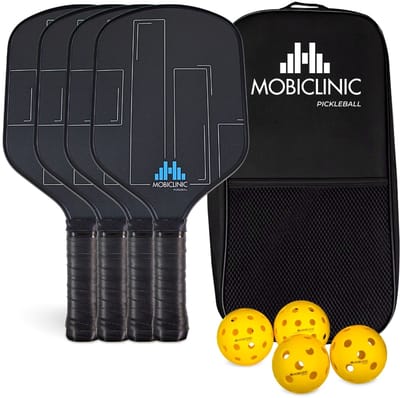 Mobiclinic Mobiall - Pickleball Set - 4 glasvezel rackets en 4 ballen - Draagtas - Goedgekeurde - Polypropyleen Kern - Anti-Slip Grip