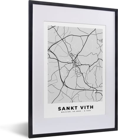 Fotolijst incl. Poster Zwart Wit- België – Sankt Vith – Stadskaart – Kaart – Zwart Wit – Plattegrond - 30x40 cm - Posterlijst
