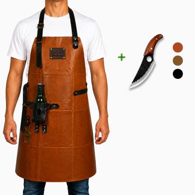 STORX Leren BBQ Schort + Handgemaakt Koksmes – Lichtbruin Echt Leer – 2 Jaar Garantie – Grillset met Carbon Slagersmes (27,6 cm) & Luxe Kookschort (81 x 56 cm) – Stoer Cadeau voor Mannen