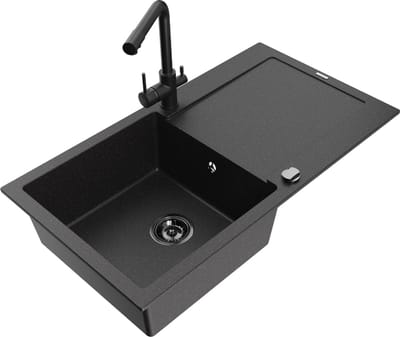 Mexen Leo granieten gootsteen 1-komor met afdruiprek en keukenmengkraan Duero, zwart/zilver metallic - 6501-73-671600-70-B