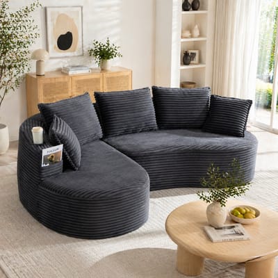 3-Zitsbank, L-Bank, Zachte, Ademende Corduroy Bank met Bekerhouder en Opbergvak, Hoogwaardig Schuim voor Comfortabel Zitten, Inclusief Kussens – Samengeperst en Klaar voor Gebruik, Perfect voor Elke Woonkamer-Donkergrijs