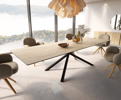 Eetkamertafel Edge keramiek Laminam® Sabbia eiken kleur 300x100 kruisframe rechthoek zwart