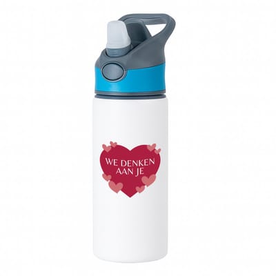 Hacebo® - We denken aan je hartje en kleine hartjes waterfles met rietje blauw - iemand die door een moeilijke tijd gaat - moeilijke tijd - ziek - koorts - snel beter worden - cadeau - beterschap cadeau - kado - gift - water fles - 650ML