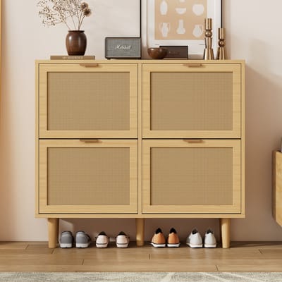 REDOM - Schoenenkast - 4 Kleplades - Rotanlook - Landelijke Stijl - Voor Hal - Spaanplaat - Licht Eiken - 100 x 25 x 90 cm