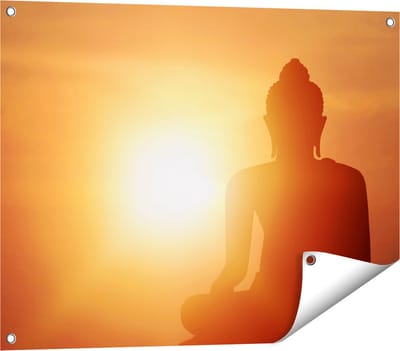Gards Tuinposter Silhouet van een Boeddha Beeld met Zonsondergang - 80x60 cm - Tuindoek - Tuindecoratie - Wanddecoratie buiten - Tuinschilderij