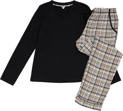 La-V pyjamaset voor dames met geruite flanel broek en V hals top Zwart/Creme S