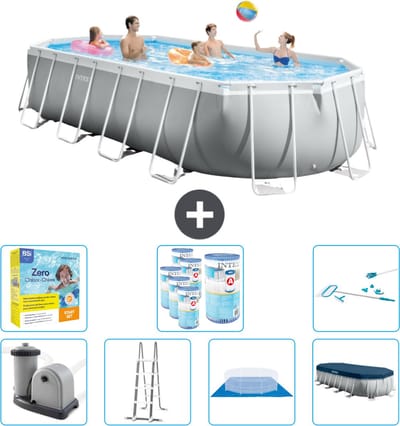 Intex Ovaal Prism Frame Zwembad - 610 x 305 x 122 cm - Grijs - Inclusief Pomp - Ladder - Grondzeil - Afdekzeil Onderhoudspakket - Filters - Schoonmaakset