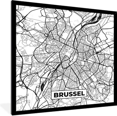 Fotolijst incl. Poster Zwart Wit- Plattegrond – Brussel – Zwart Wit – Stadskaart - Kaart - België - 40x40 cm - Posterlijst