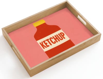 Dienblad hout 40x30 cm - Schootdienblad - Ketchup - Fles - Rood - Minimalistisch - Borrelplank rechthoek - Plateau dienbladen