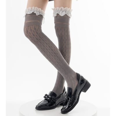 Dames Kousen Lolita Meisjes Dij Hoge Sokken Japanse Stijl Hart Streepjes Hol Kant Over de Knie Lange Kous Ruche Franje Sokken 39 gray