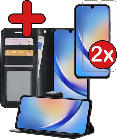 Hoesje - Met 2x Screenprotector - Geschikt voor Samsung Galaxy A34 - Luxe Pasjeshouder - Flip Case - Bookcase Portemonee - Kunstleer Book Case - Flipcase Hoes - Book Cover - Walletcase - Portemonneehoes - Telefoonhoes - Zwart