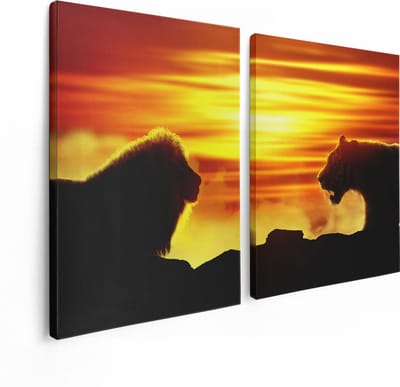 Artaza Canvas Schilderij Tweeluik Leeuw En Tijger - Silhouet - Zonsopkomst - 120x80 - Foto Op Canvas - Canvas Print