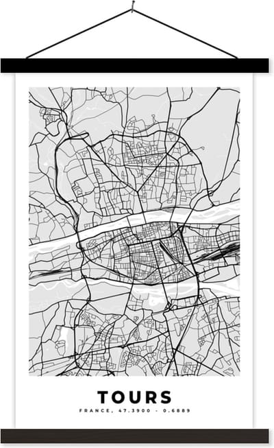 Posterhanger incl. Poster 40x60 cm - Schoolplaat - Frankrijk - Plattegrond - Kaart - Tours - Stadskaart - Textielposter - Zwarte latten - Stadskaart
