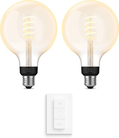 Philips Hue Uitbreidingspakket - E27 - met 2 Filament Globelampen Groot (G125) - Warm tot Koelwit Licht - Incl. 1 Hue Dimmer Switch - Hue White Ambiance Filament