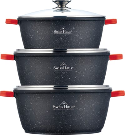 Swiss Haus® FC3006 Pannenset Inductie - 6 Delig Kookpannenset Met Glazen Deksel - Ø 36/ 40 / 44 cm XL Braadpan Set - Groot Soeppannen 14 / 19.5 / 25.5 Liter - Braadpan Met Antiaanbaklaag - Pannen Voor Alle Warmtebronnen - Zwart