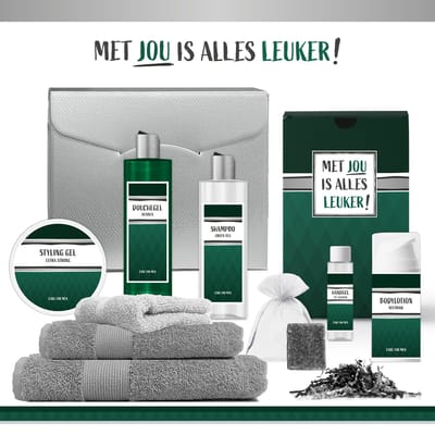 Geschenkset "Met jou is alles leuker!" - 9 Producten - 1325 Gram | Giftset voor hem - Luxe Cadeaubox man - Cadeau Vaderdag - Verjaardag - Wellness Cadeaupakket Deluxe - Cadeauset - Verjaardagscadeau - Vader - Opa - Broer - Vriend - Collega - Groen
