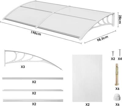 Deurluifel - Weerbestendige - Polycarbonaat Overkapping - Duurzame Materialen - Sterke ABS Beugels - Voor Deur - Raam en Balkon - 190x98.5 cm - Wit
