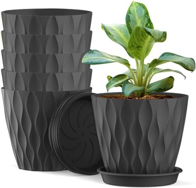 SnelShoppen - Set van 6 Bloempotten 10 cm - Plastic Plant Pot met Onderschotels en Afvoergaten - Hoogwaardige Wafelpatroon Bloempotten voor Binnen en
