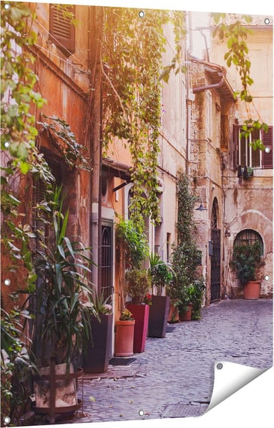 Gards Tuinposter Straatje in Rome met Groene Planten - 90x120 cm - Tuindoek - Tuindecoratie - Wanddecoratie buiten - Tuinschilderij