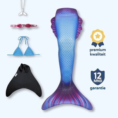Delphi zeemeerminstaart maat 122-128 met bikini - monovin met voetvakken - zwembril en ketting