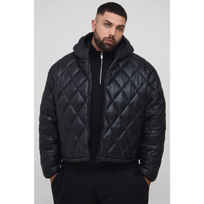 Plus Oversized Boxy High Shine Quilted Hooded Funnel Puffer Jacket | Black | Size 2XL