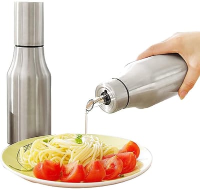 QTTVBTNA – 1 Stuk Oliefles – RVS – Olijfolie Fles – Azijnfles – Olie Spuitfles voor Keuken & Grill – voor Keuken BBQ – Accesoires – Zilver – 750 ml