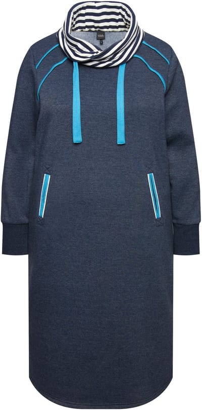 Ulla Popken - Dames - Sweatjurk sierpaspels opstaande kraag lange mouwen zakken - Marine - Maat 46+