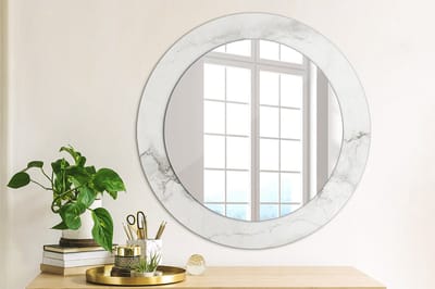 Wallfluent Bedrukte Ronde Spiegel - Ronde Spiegel Met Print Wit Marmer - 60 cm / 46 cm - Wit - Wit Ronde Wandspiegel Met Print - Woonkamerspiegel - Inloopkastspiegel - Hal - Eenvoudige montage