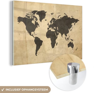 ® Glasschilderij 150x100 cm - Schilderij acrylglas - Wereldkaart - Sepia - Vintage - Bruin - Foto op glas - Muurdecoratie woonkamer - Wanddecoratie slaapkamer - Schilderijen