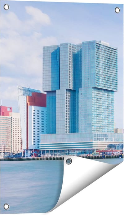 Gards Tuinposter Rotterdamse Skyline aan het Water - 40x60 cm - Tuindoek - Tuindecoratie - Wanddecoratie buiten - Tuinschilderij