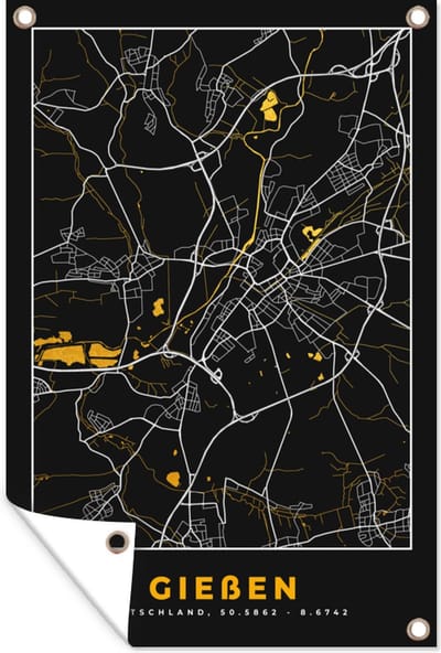 Muurdecoratie Duitsland – Black and Gold – Gießen – Stadskaart – Kaart – Plattegrond - 120x180 cm - Tuinposter - Tuindoek