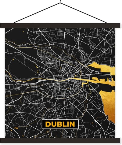 Posterhanger incl. Poster 60x60 cm - Schoolplaat - Goud - Plattegrond - Dublin - Stadskaart - Kaart - Textielposter - Zwarte latten - Stadskaart